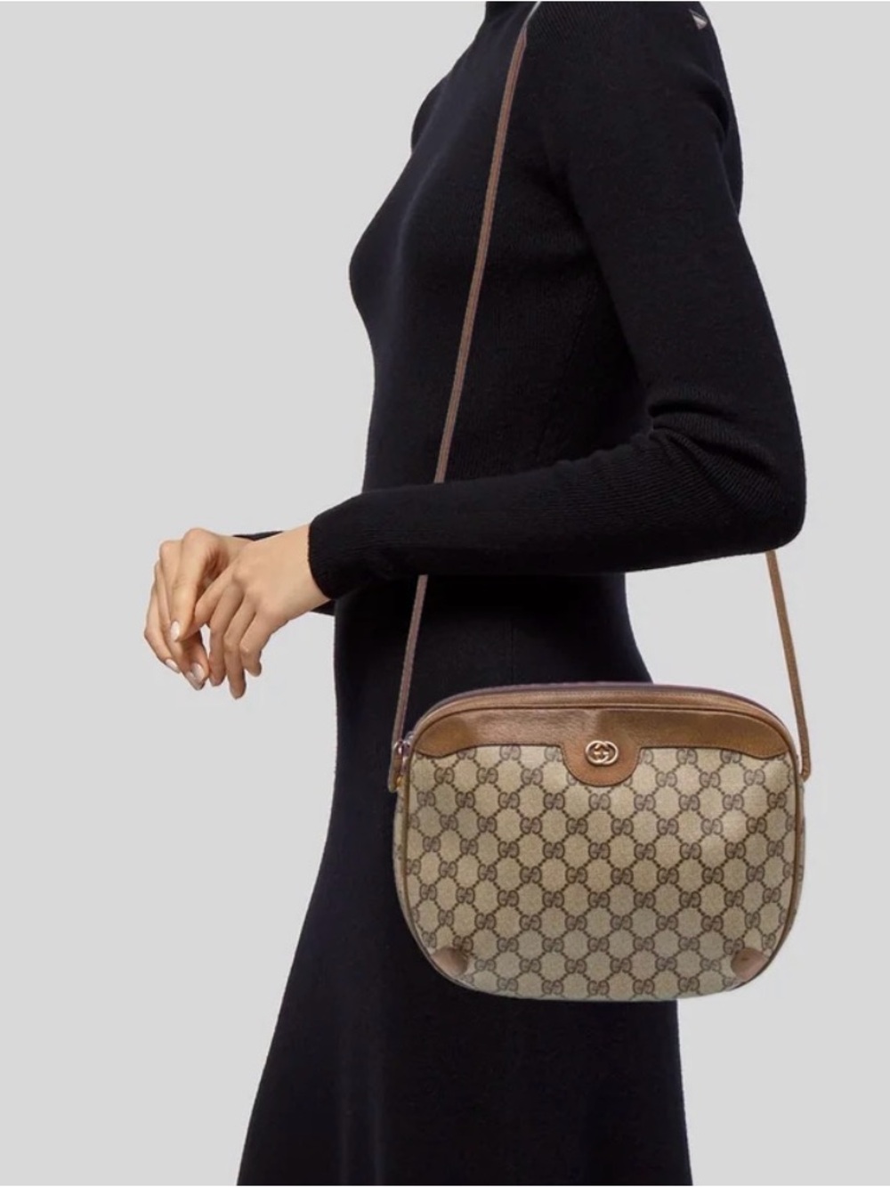 GG Monogram Canvas Crossbody Bag in Beige and Brown. AUTHENTIC